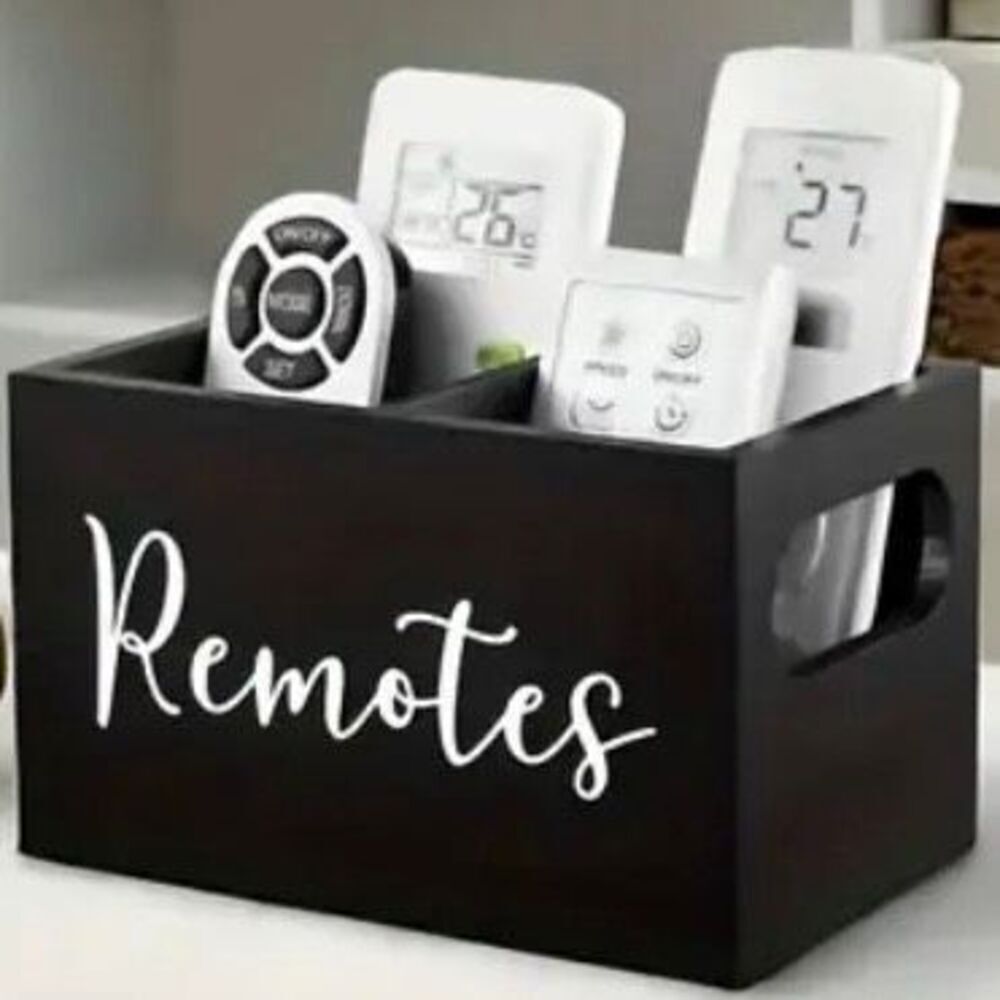 NWT Gorgeous Black Pine Wood Remotes Graphic 2 Slots Minimalist Organizer Holder